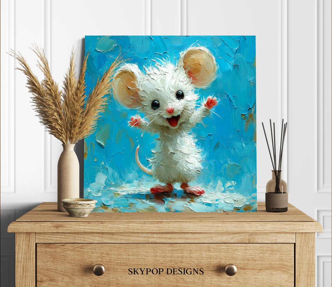 Happy White Mouse Blue Impasto Cheerful Kids Wall Art Poster - Image 2