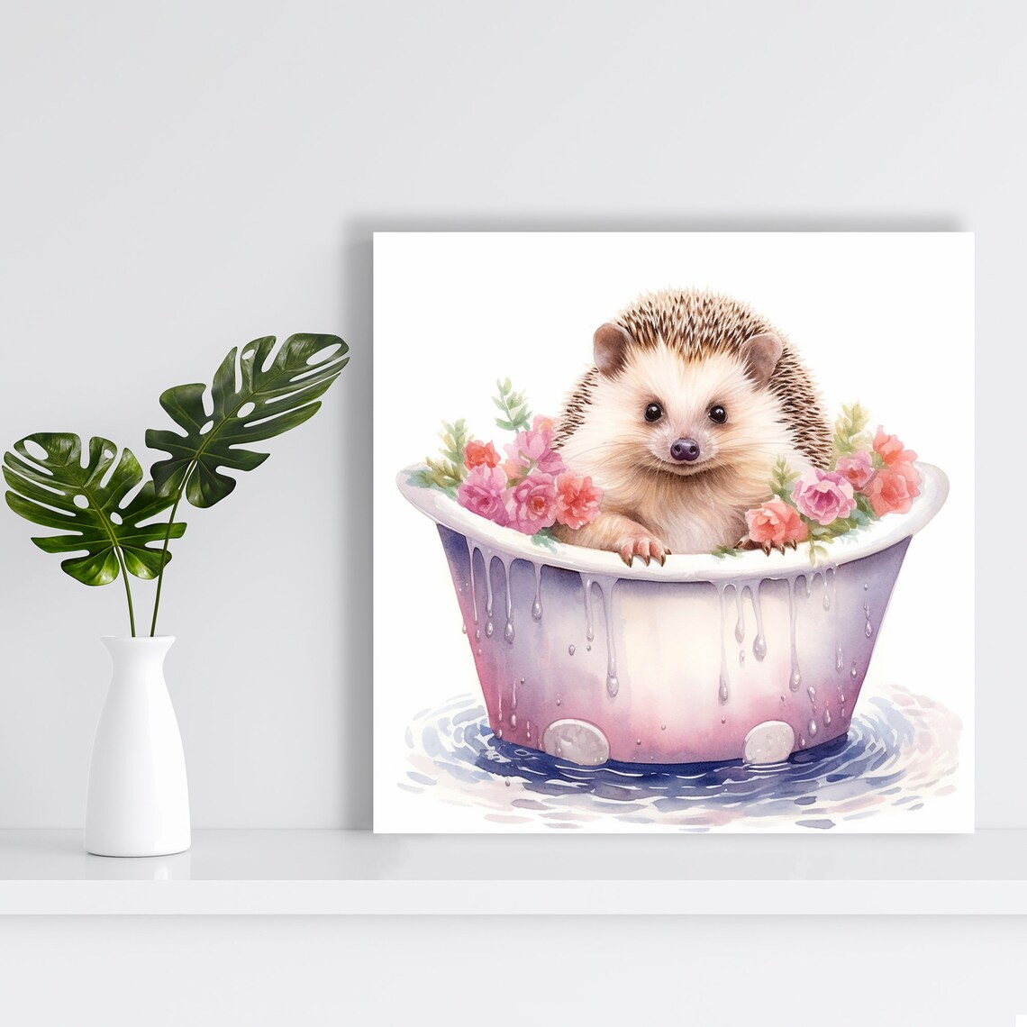 Cute Hedgehog Bathing In Tub With Pink Flowers Whimsical Watercolor Poster - Image 2