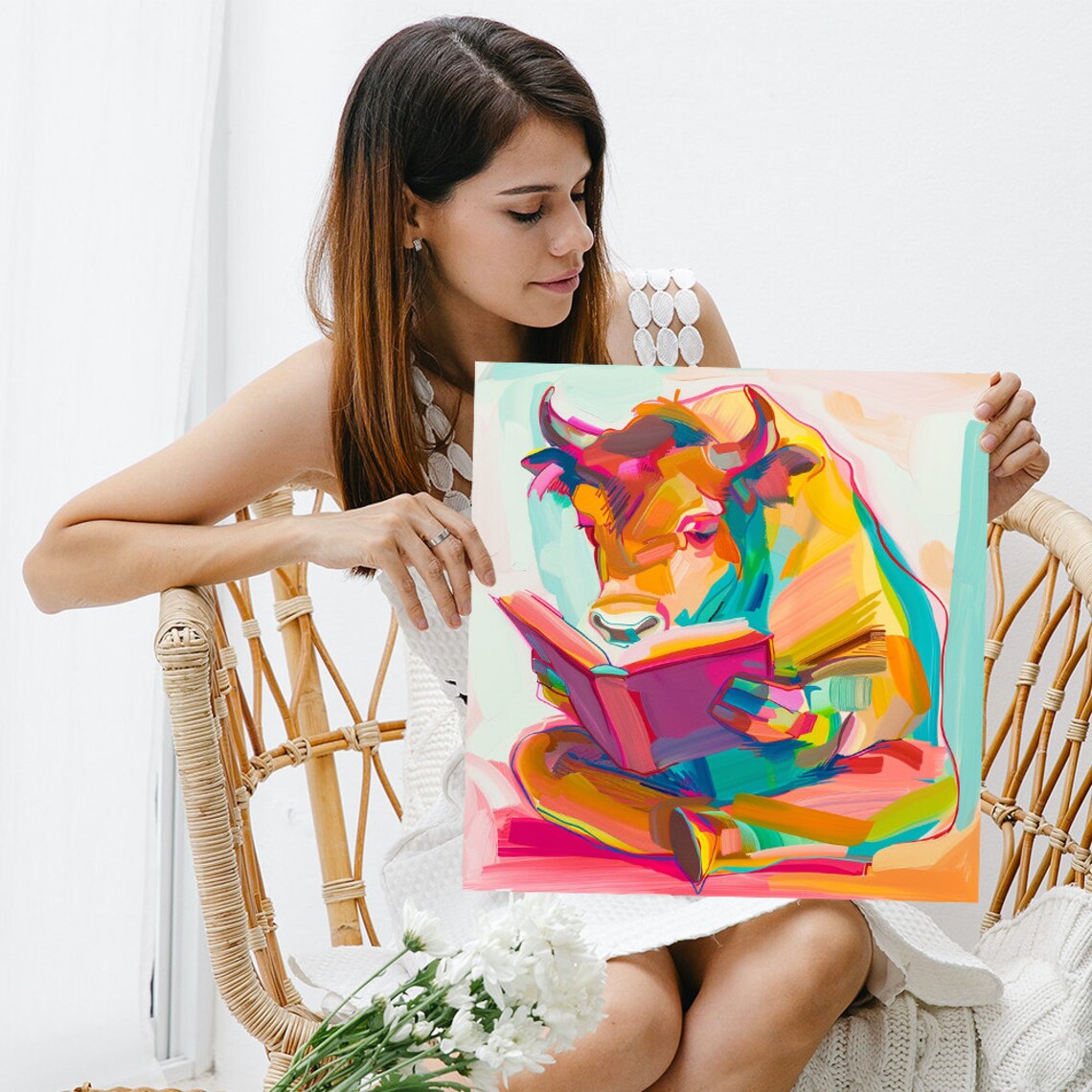 Whimsical Cow Reading Book Colorful Abstract Pastel Literary Wall Poster - Image 3