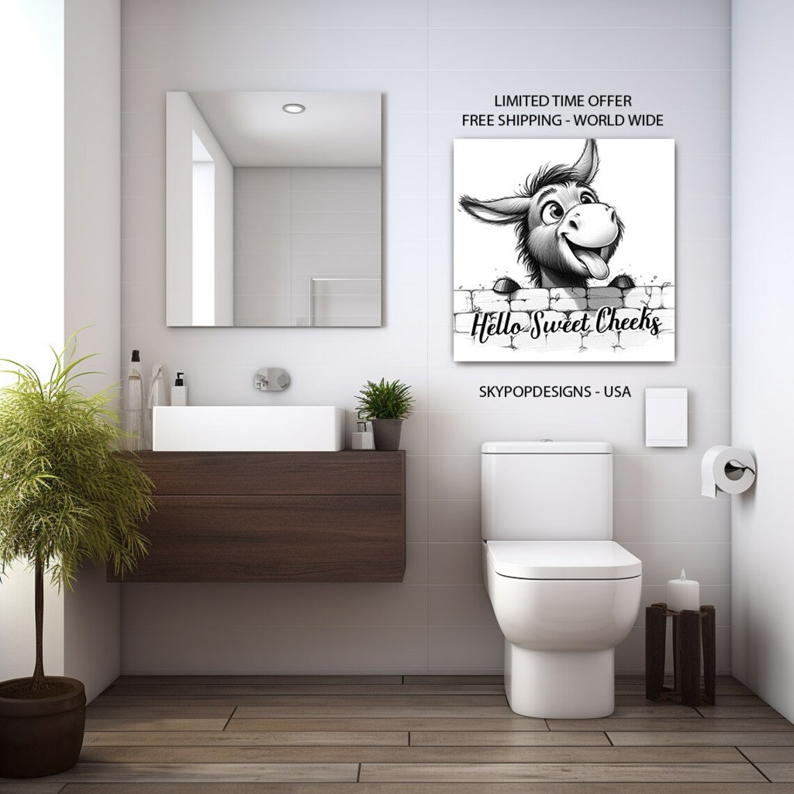 Funny Donkey Bathroom Wall Art, Hello Sweet Cheeks - Image 3