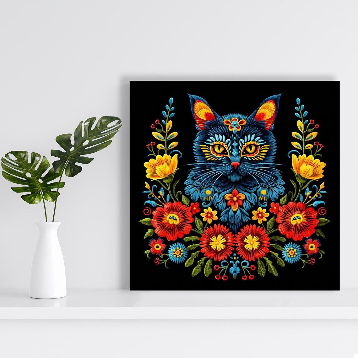 Folk Floral Blue Cat Black Background Embroidered Style Animal Poster - Image 2