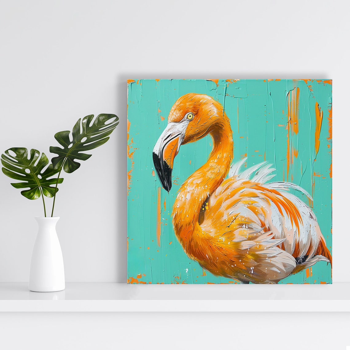 Orange Flamingo Turquoise Background Bold Painterly Animal Poster - Image 2