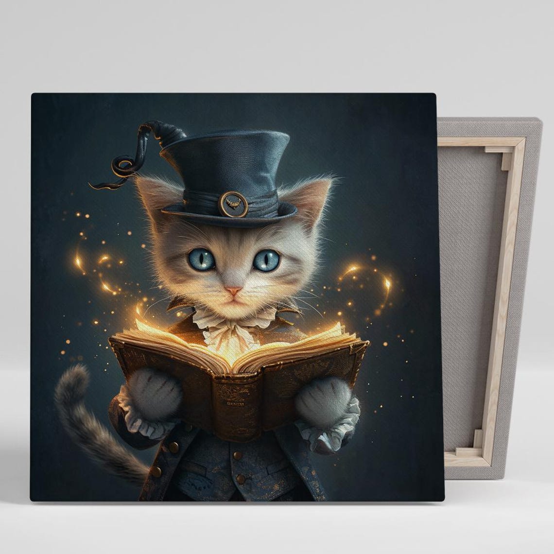 Magical Kitten Reading Glowing Book Fantasy Wizard Cat Wall Art Poster