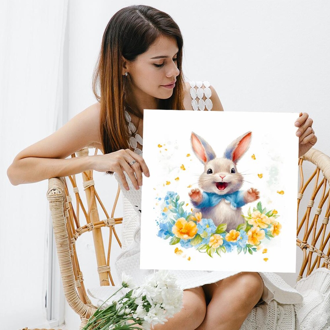 Joyful Spring Bunny In Blue Jacket Among Colorful Flowers Poster