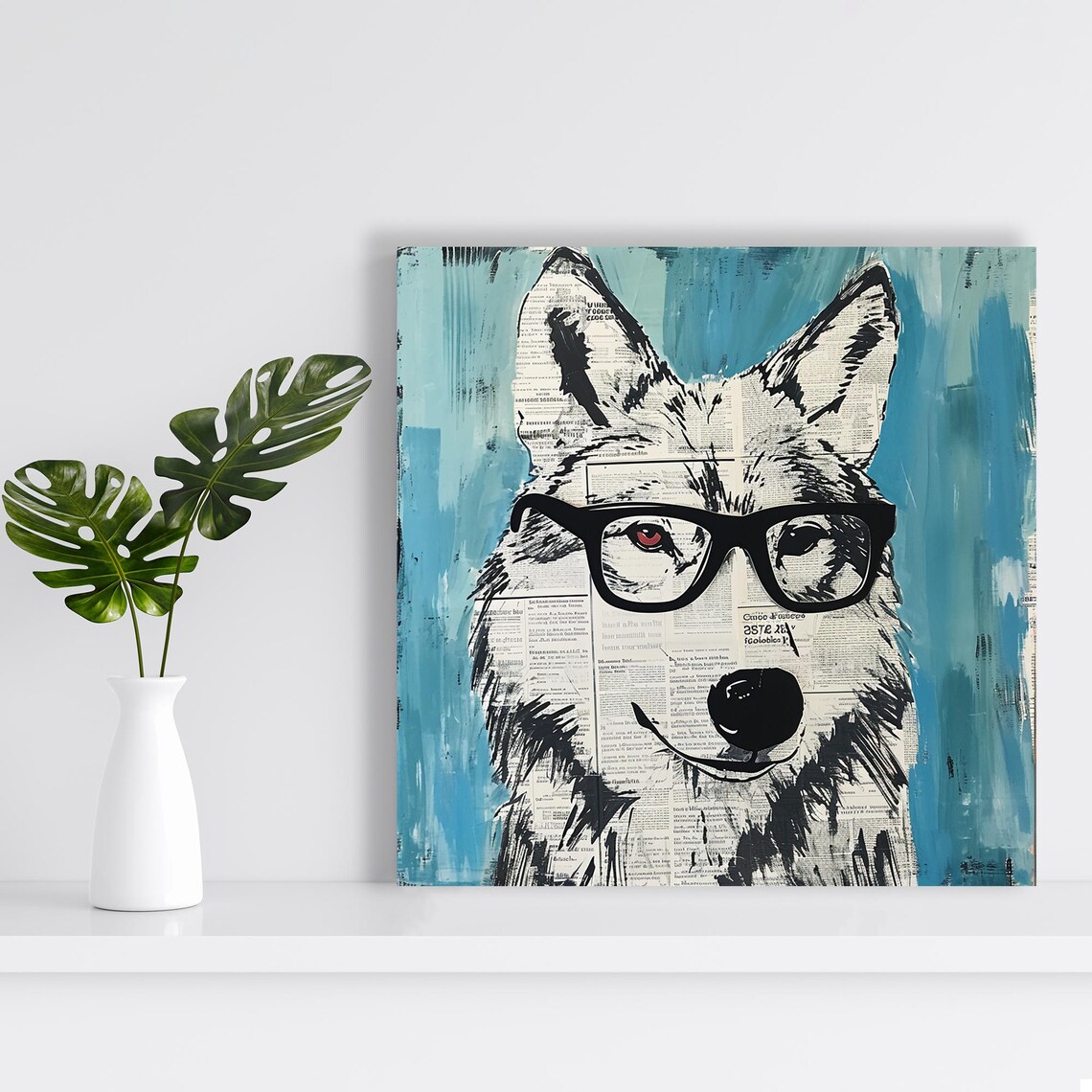 Hipster Wolf Wearing Glasses Newspaper Texture Blue Street Pop Art Poster - Image 2