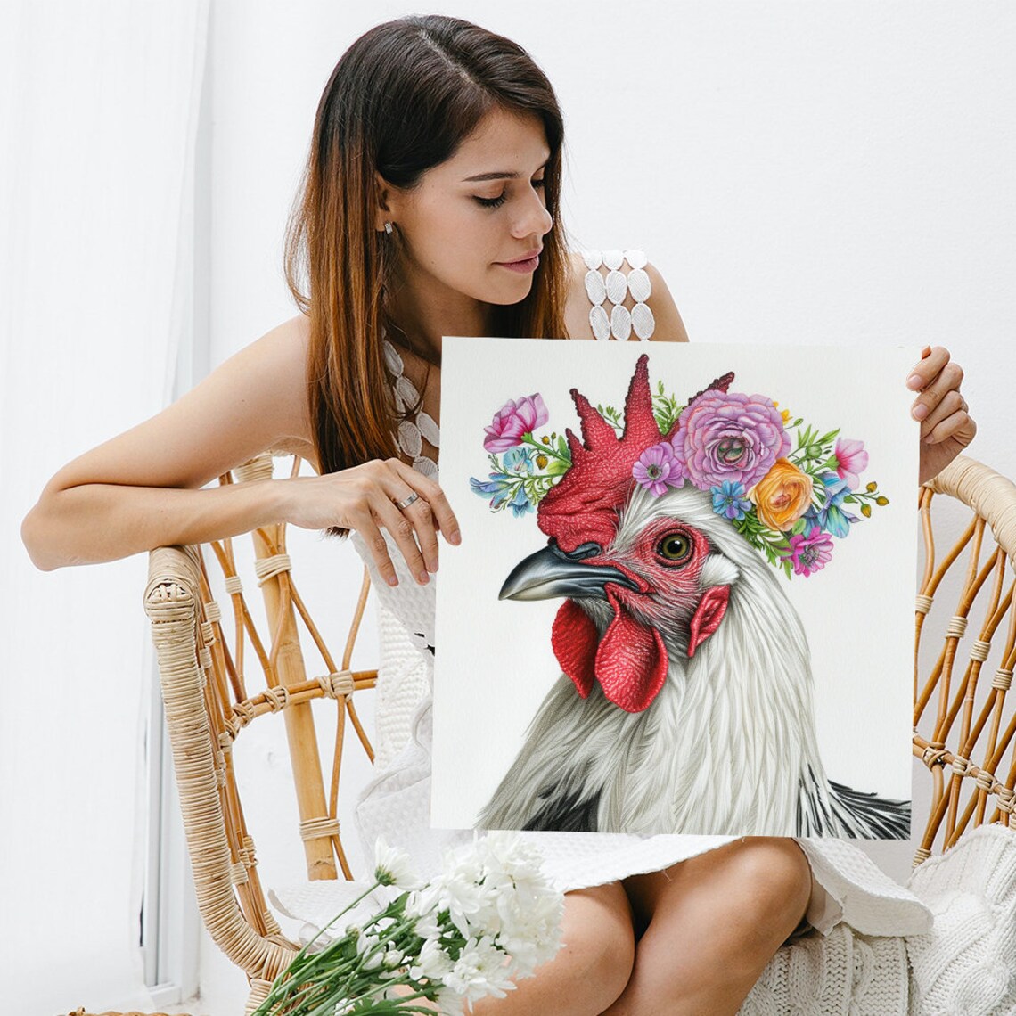 Floral Crown Rooster Farmhouse Kitchen Art Print - Image 3