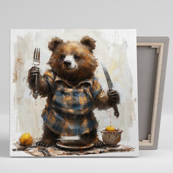 Cute Bear Cub Chef In Plaid Apron Holding Fork Knife Rustic Kitchen Poster