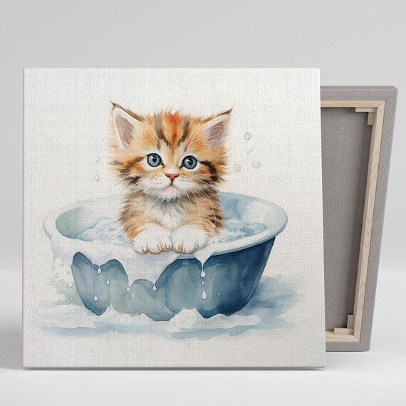 Sweet Kitten Bath Time Blue Eyes Watercolor Nursery Bathroom Art Poster