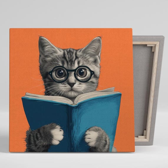 Cat Scholarly Wisdom Wall Art Or Poster Whimsical Minimalist Decor Office Library Childrens Room Wall Art Orange Blue Grey White