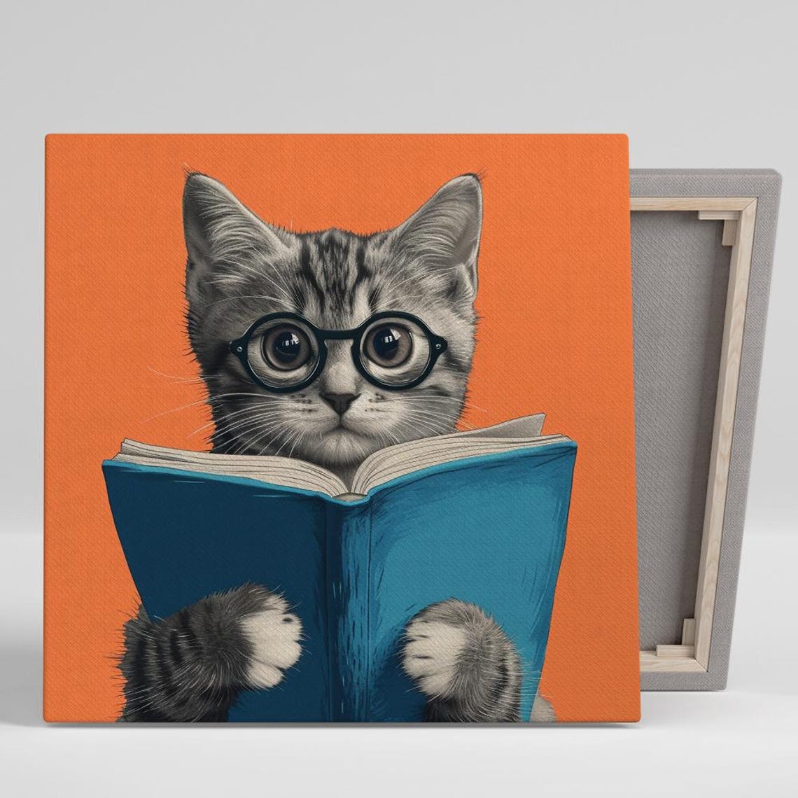 Nerdy Kitten Reading Book Wearing Glasses Cute Library Animal Poster