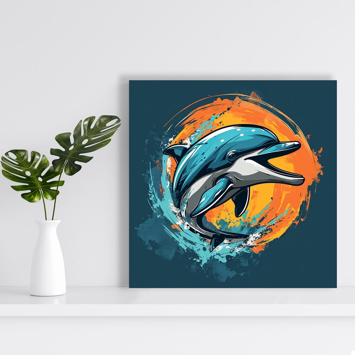 Dolphin Sunset Leap Orange Sun Circle Teal Ocean Animal Art Poster - Image 2