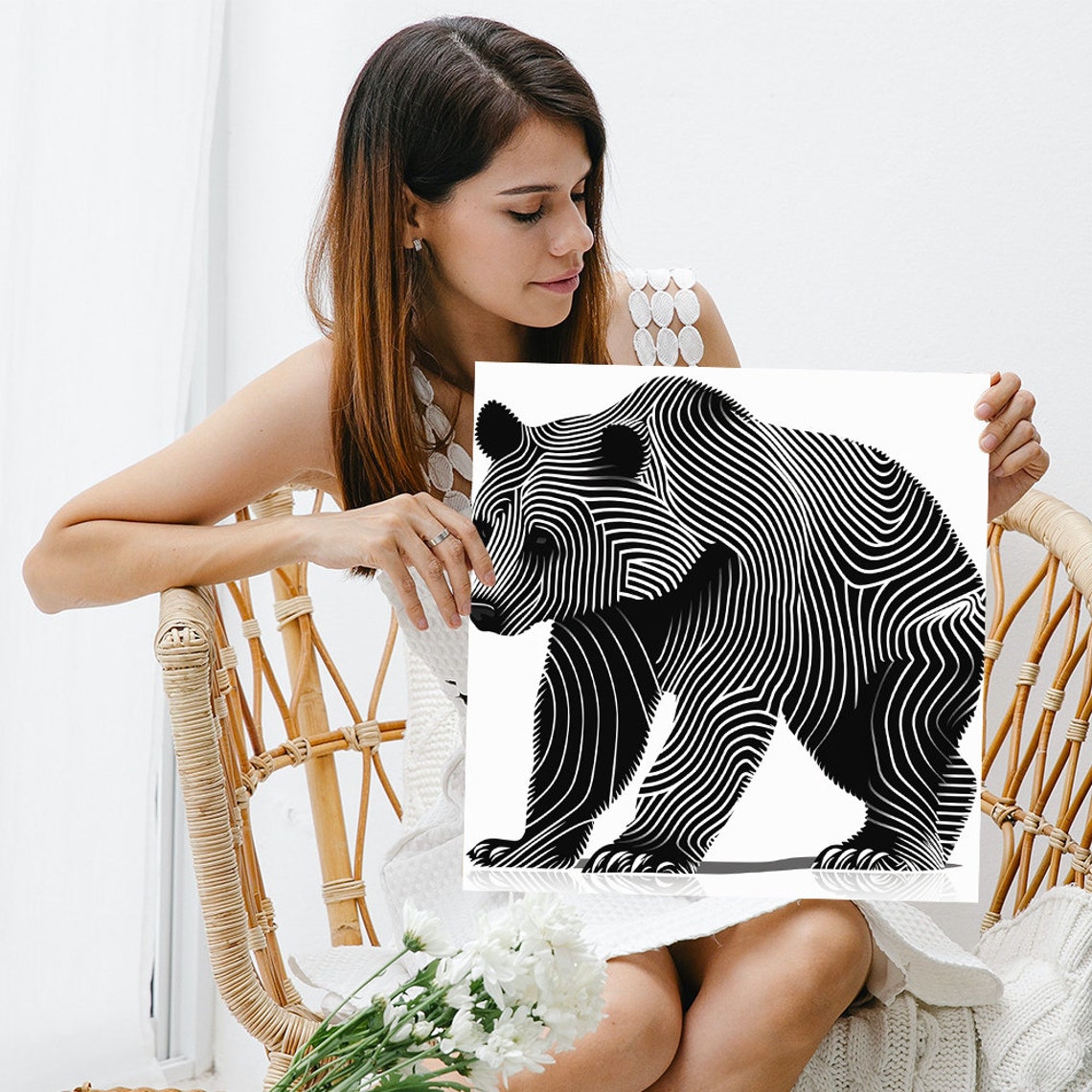 Black White Striped Line Art Bear Modern Minimalist Animal Poster - Image 3