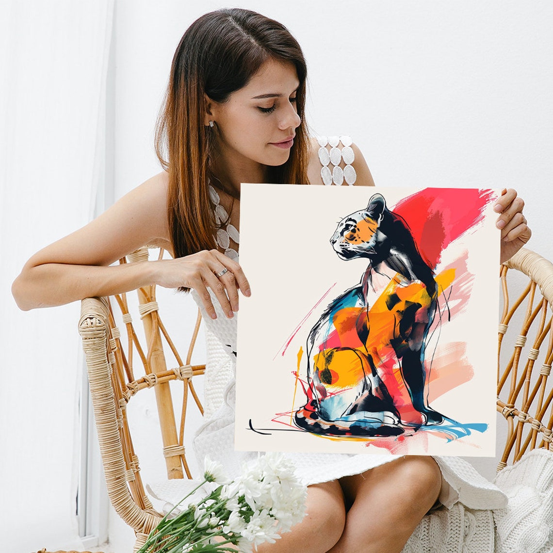 Seated Tiger Watercolor Splash Orange Red Blue Abstract Animal Poster - Image 3