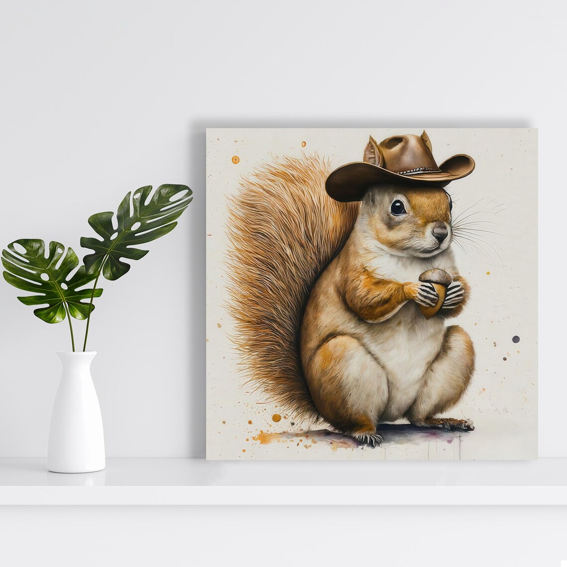 Squirrel Wearing Cowboy Hat Holding Acorn Watercolor Humor Poster - Image 2