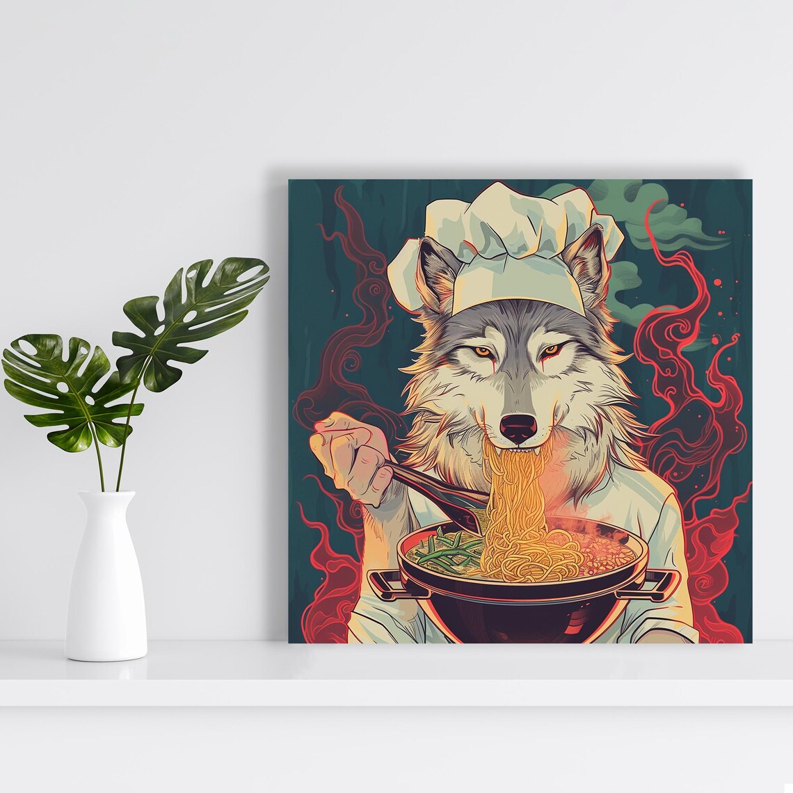 Wolf Chef Eating Ramen Noodle Bowl Whimsical Surreal Funny Kitchen Poster - Image 2