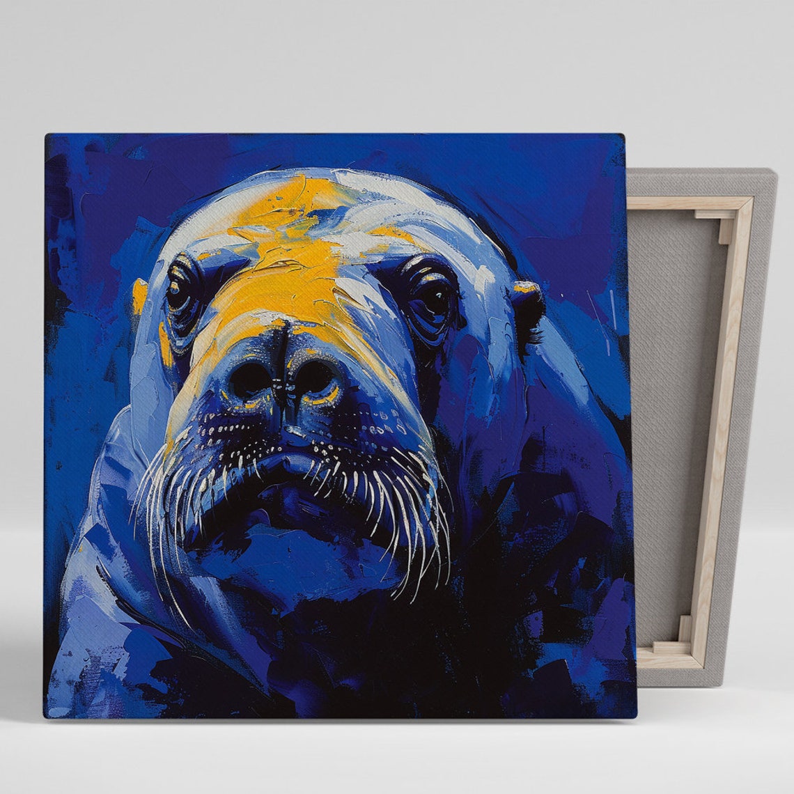 Walrus Face Portrait Bold Blue Yellow Impasto Paint Art Poster