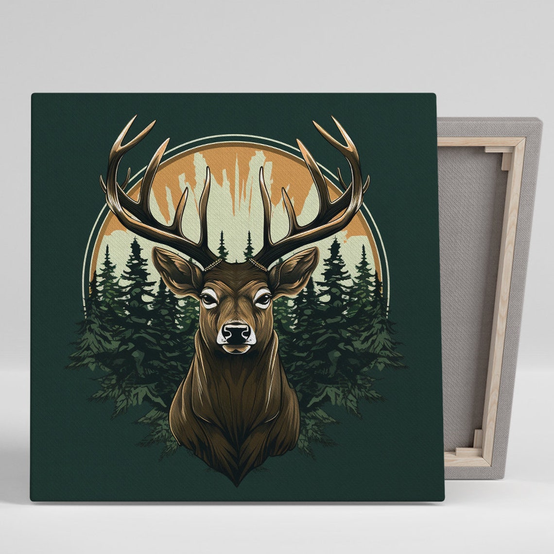 Deer Stag Antlers Pine Forest Sunset Vintage Rustic Cabin Wall Poster