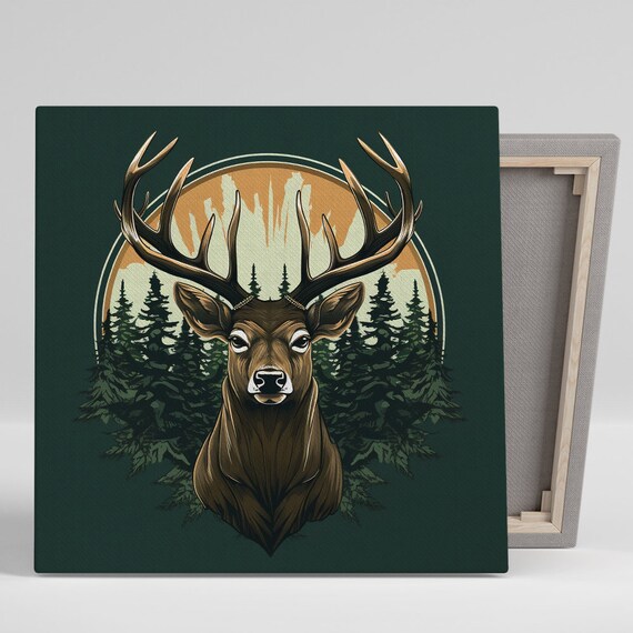 Deer Stag Antlers Pine Forest Sunset Vintage Rustic Cabin Wall Poster