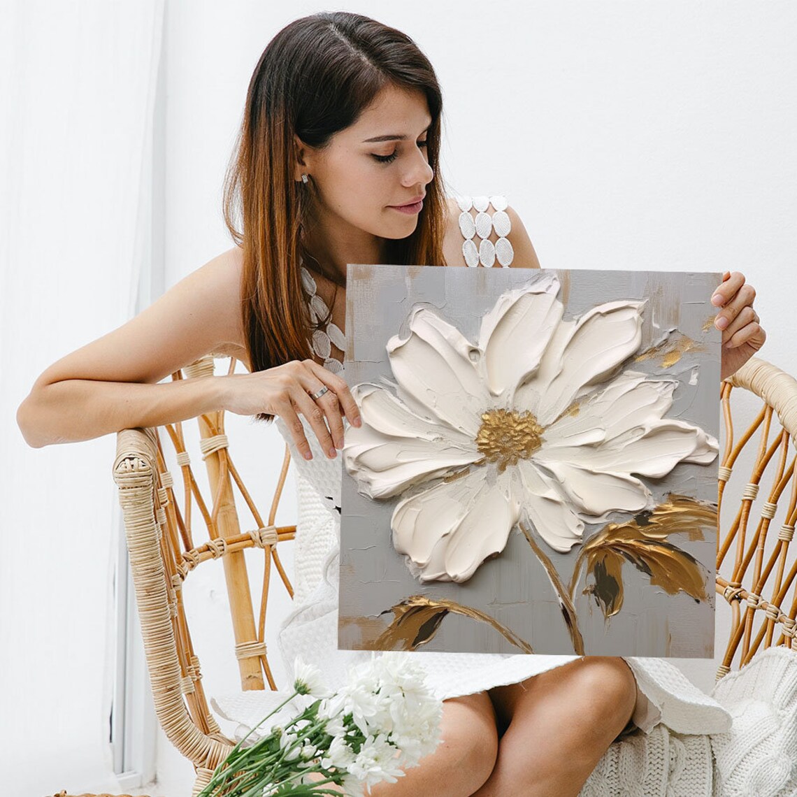 White and Gold Flower Art Print, Modern Floral Decor - Image 5