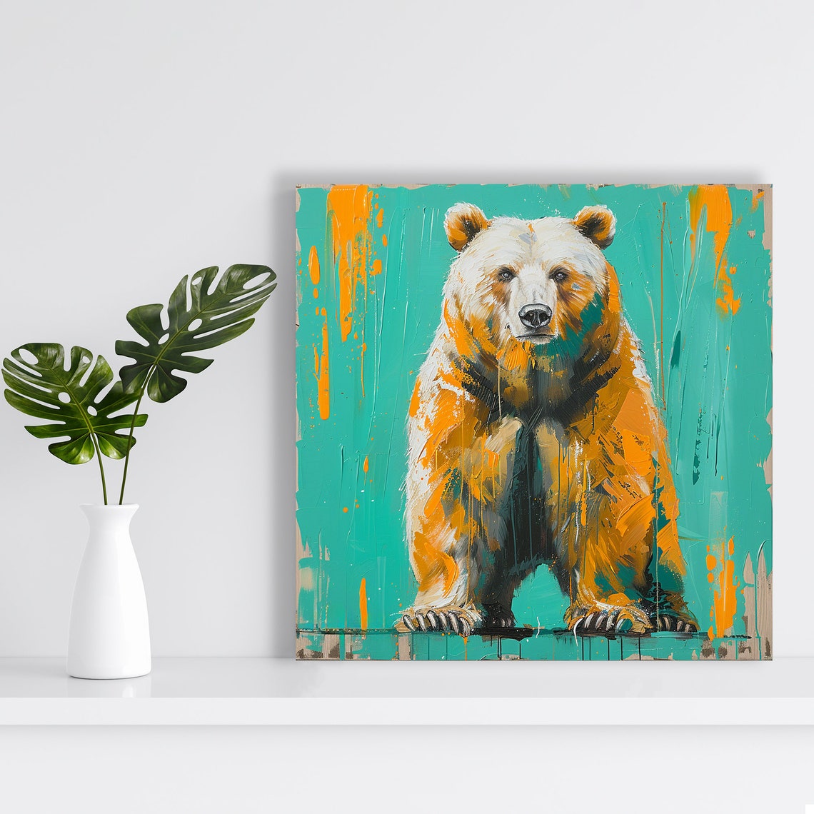 Bear Standing Teal Background Orange Paint Splash Bold Wall Art - Image 2