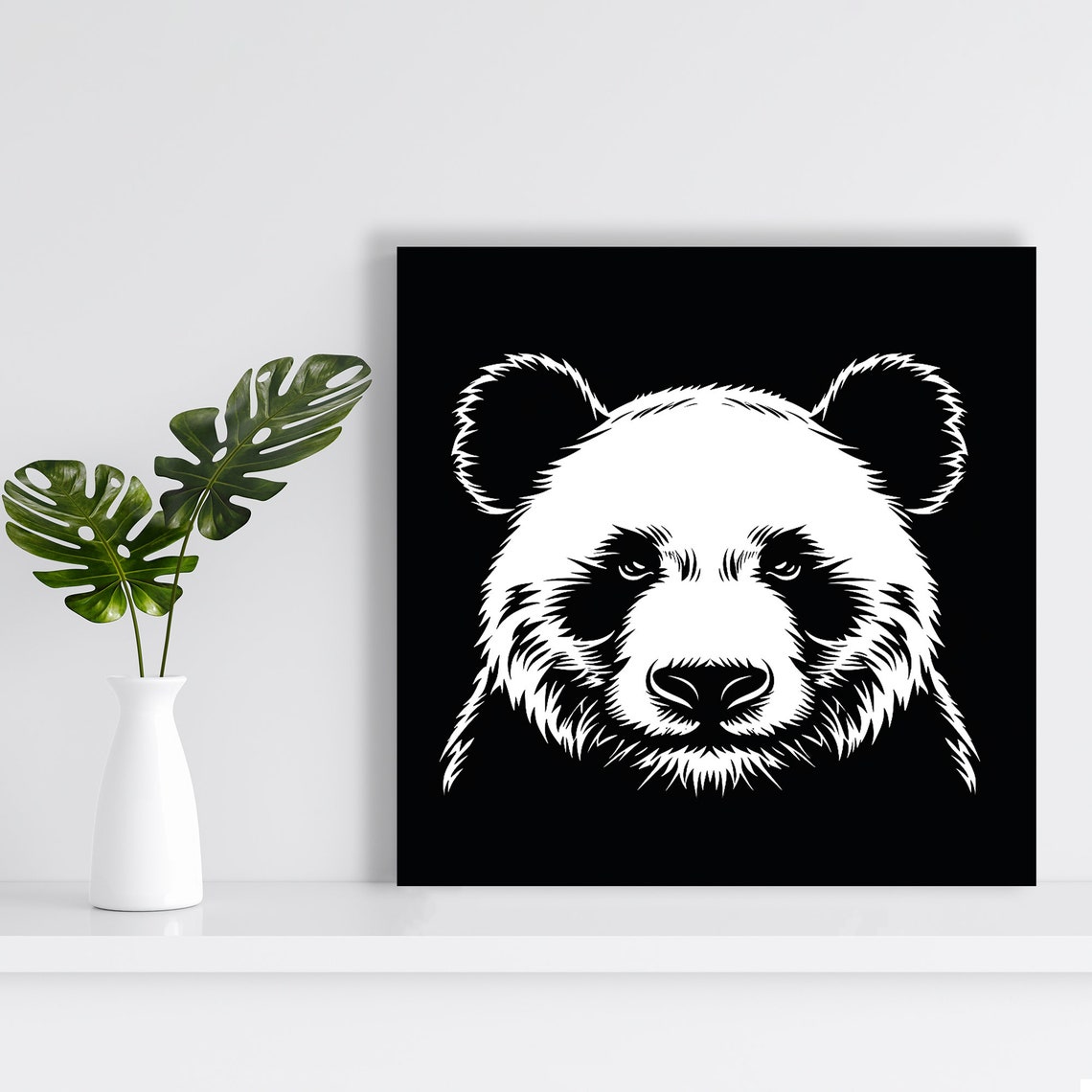 Panda Face Line Art White on Black Minimalist Graphic Poster - Image 2