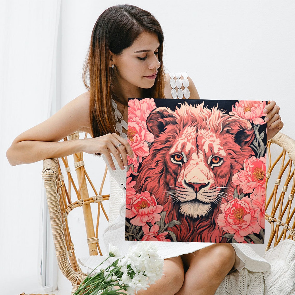 Coral Red Lion Face With Pink Peonies Floral Wildlife Art Poster - Image 3