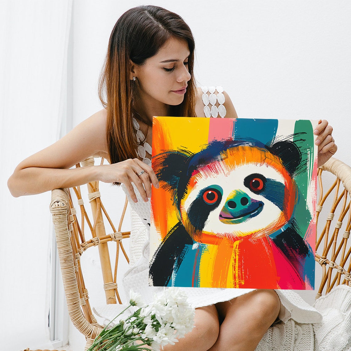 Colorful Pop Art Sloth Face Rainbow Brushstroke Animal Wall Art Poster - Image 3
