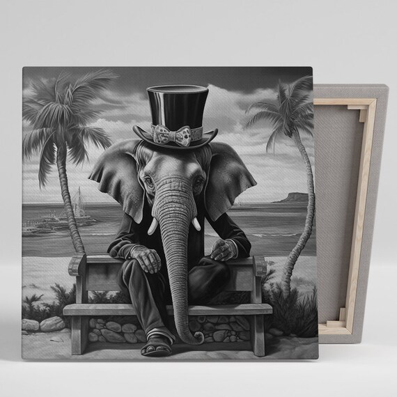 Dapper Elephant In Top Hat On Beach Bench Black And White Surrealist Poster