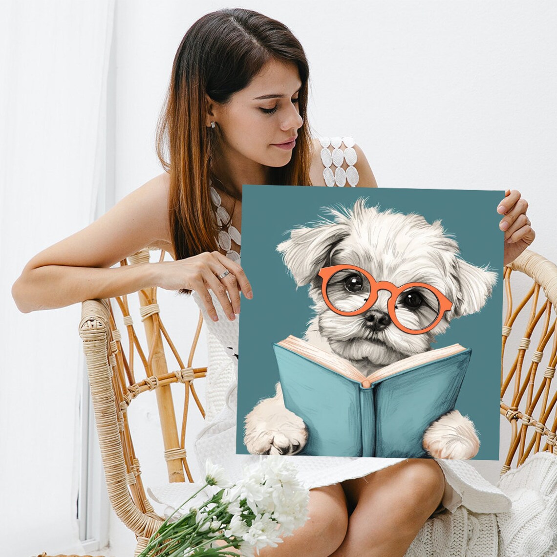 Maltese Puppy With Orange Glasses Reading Book Nerdy Library Art Poster - Image 3