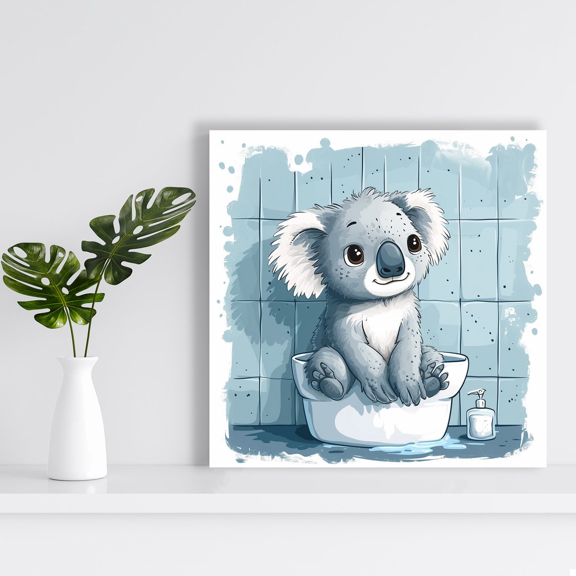 Baby Koala Bathtub Bath Time Cute Blue Watercolor Nursery Wall Art - Image 2