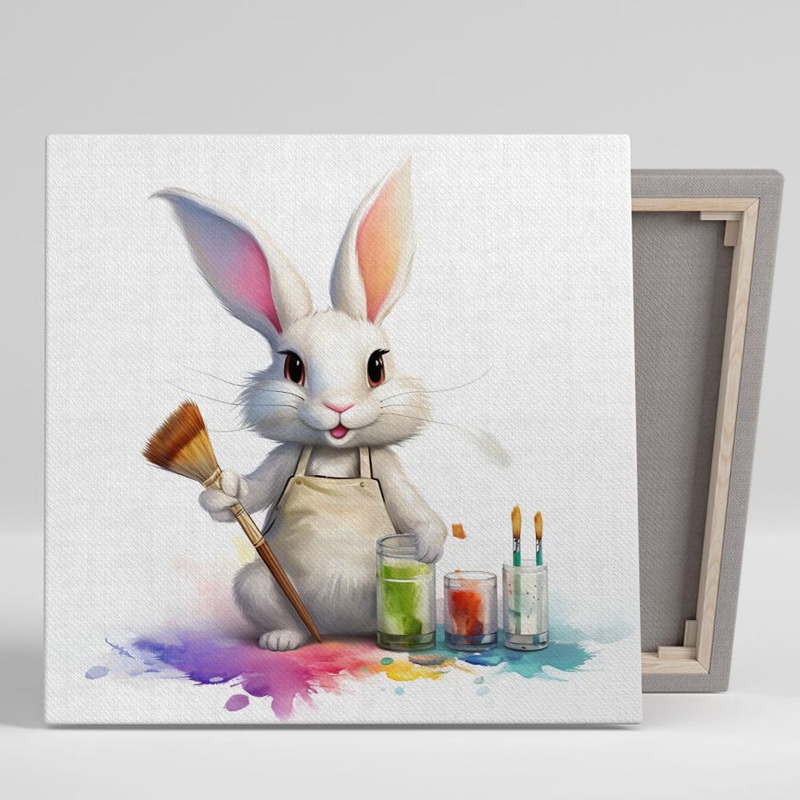 Bunny Artist With Paintbrush Watercolor Jars Cute Nursery Poster