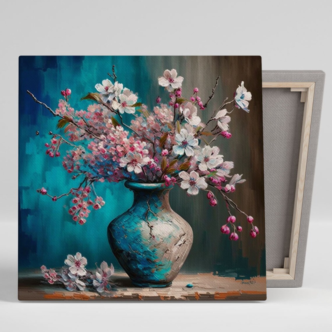 Cherry Blossom Branches In Blue Vase Pink Spring Floral Canvas Poster
