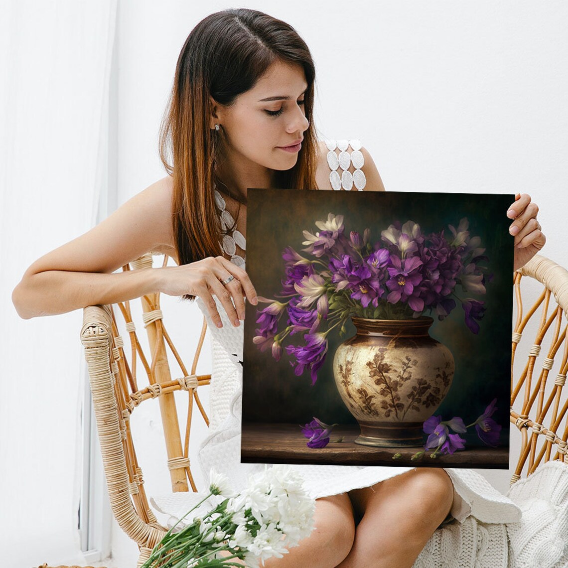 Purple Violet Flowers Still Life Vase Dark Moody Floral Canvas Poster - Image 5