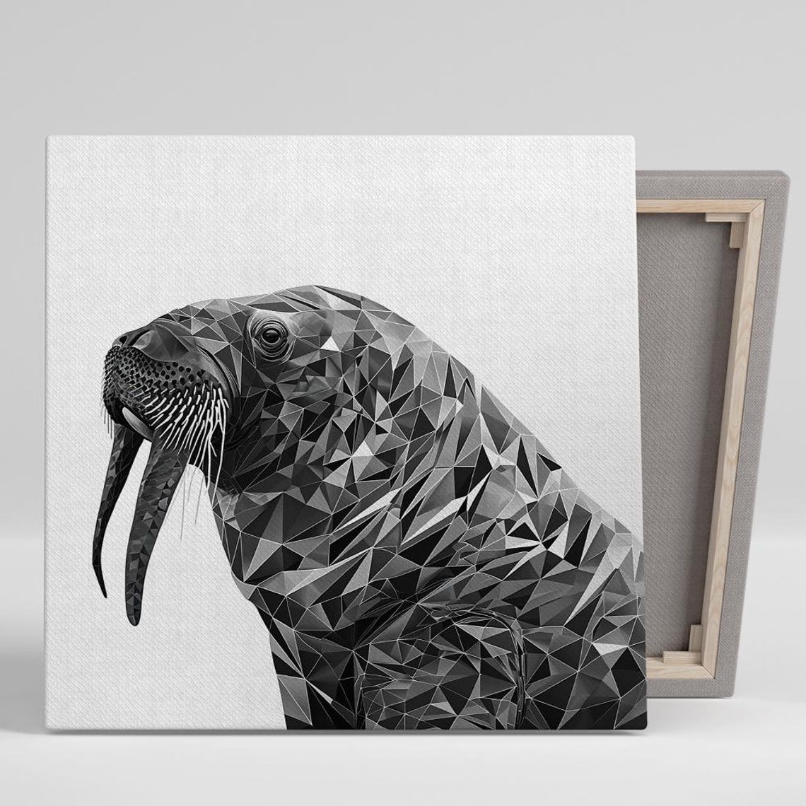 Geometric Low Poly Walrus Portrait Black And White Modern Art Poster