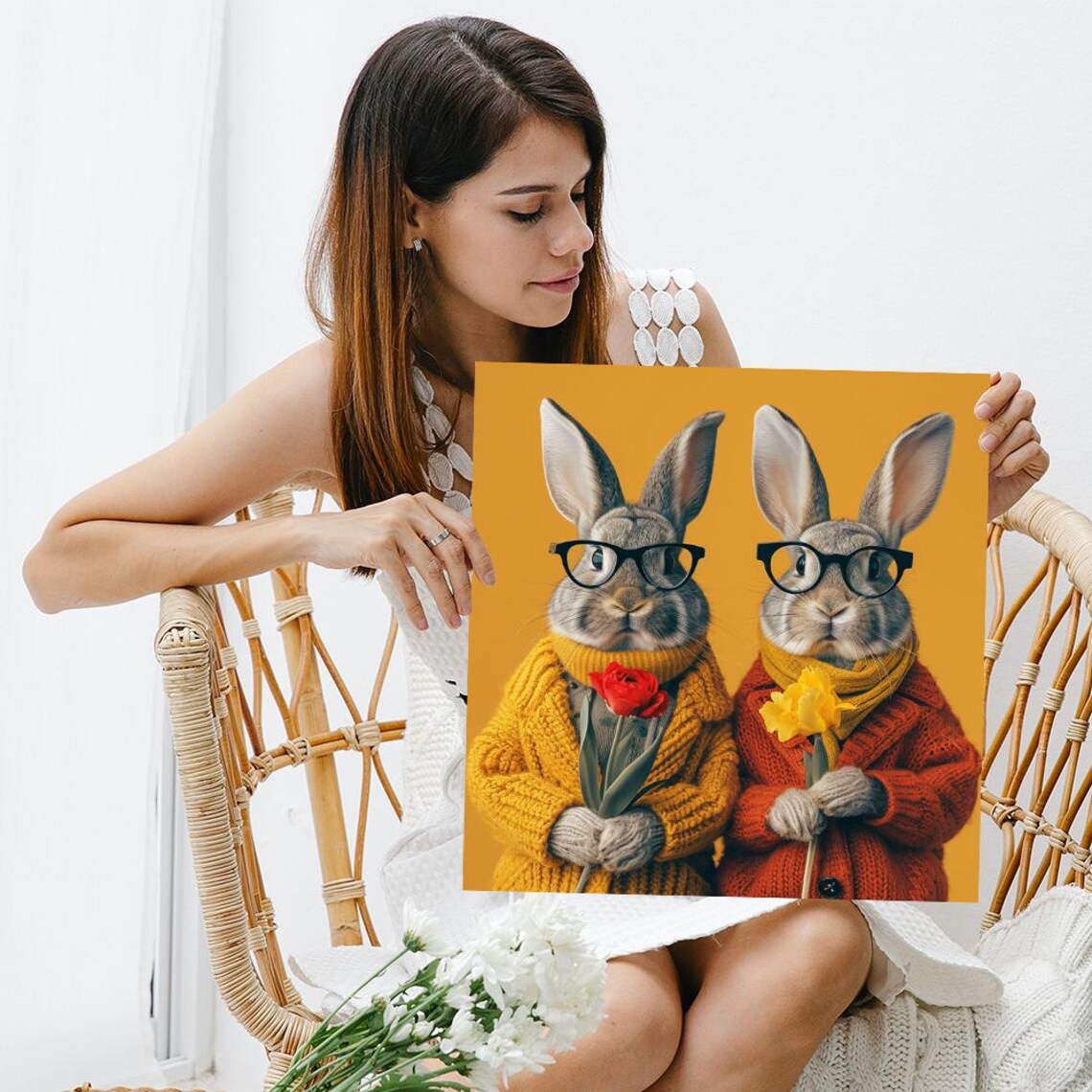 Two Scholar Rabbits in Glasses Knit Sweaters Flowers Funny Bunny Poster - Image 3