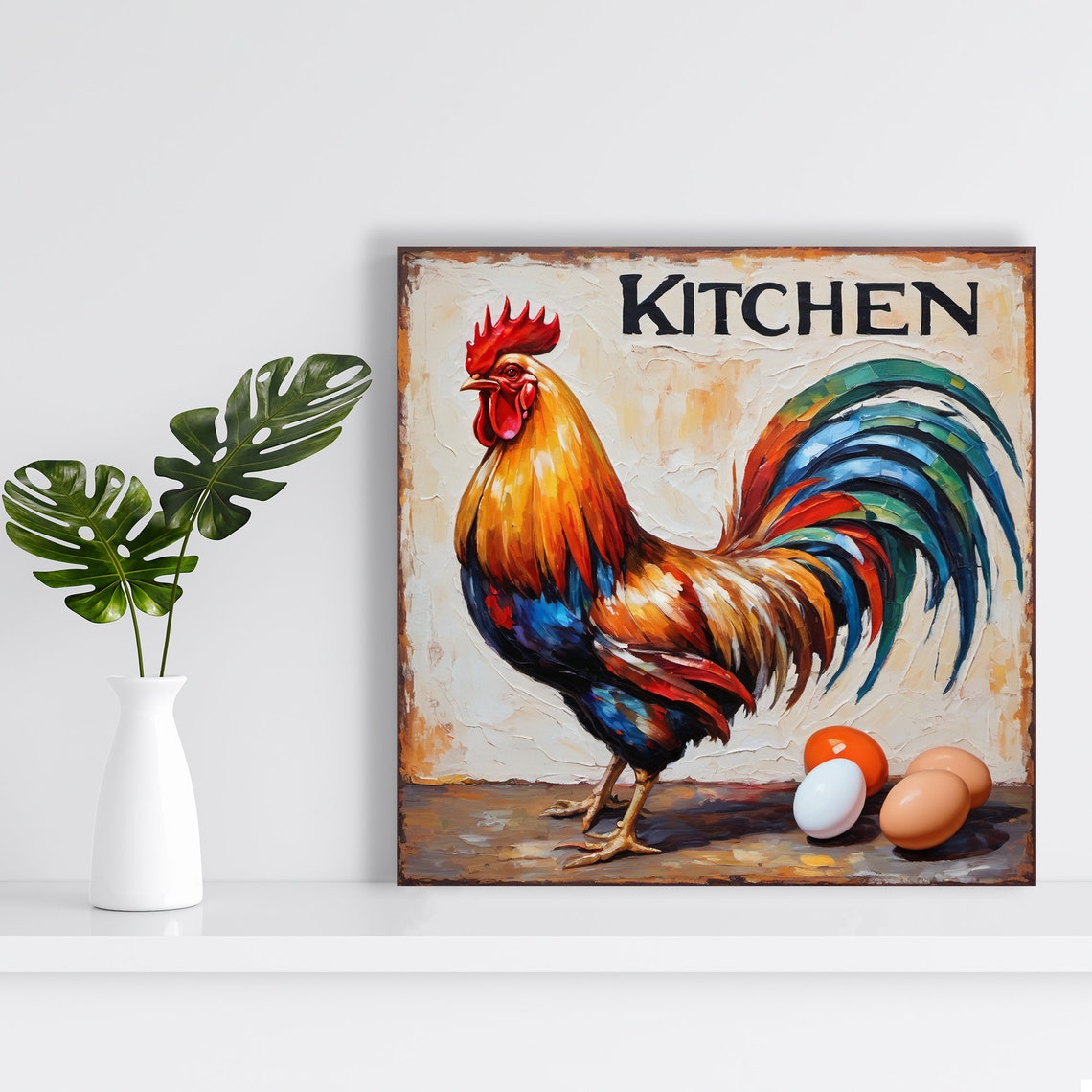 Vibrant Rooster Kitchen Sign with Eggs Rustic Farmhouse Wall Poster - Image 2
