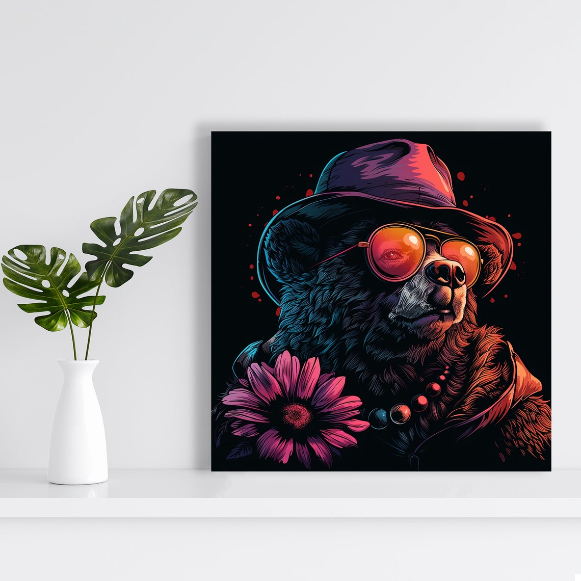 Cool Bear in Hat and Orange Sunglasses Neon Pop Portrait Poster - Image 2