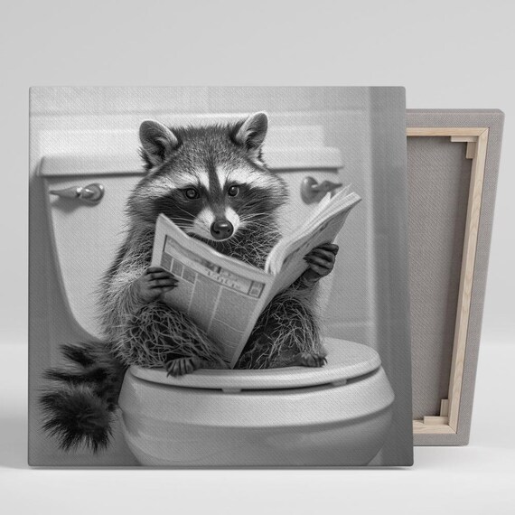 Funny Raccoon Reading Newspaper On Toilet Black White Humor Poster