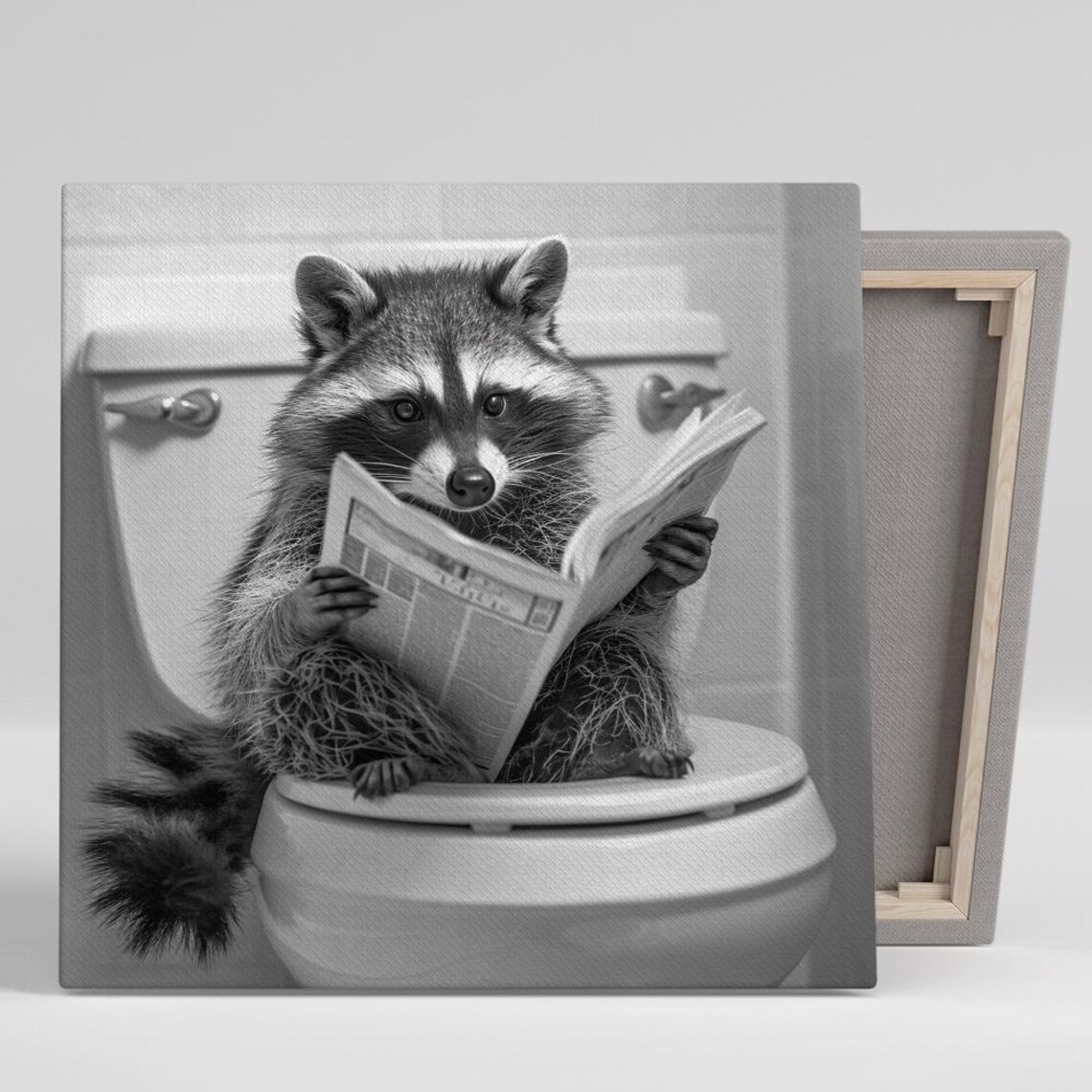 Funny Raccoon Reading Newspaper On Toilet Black White Humor Poster
