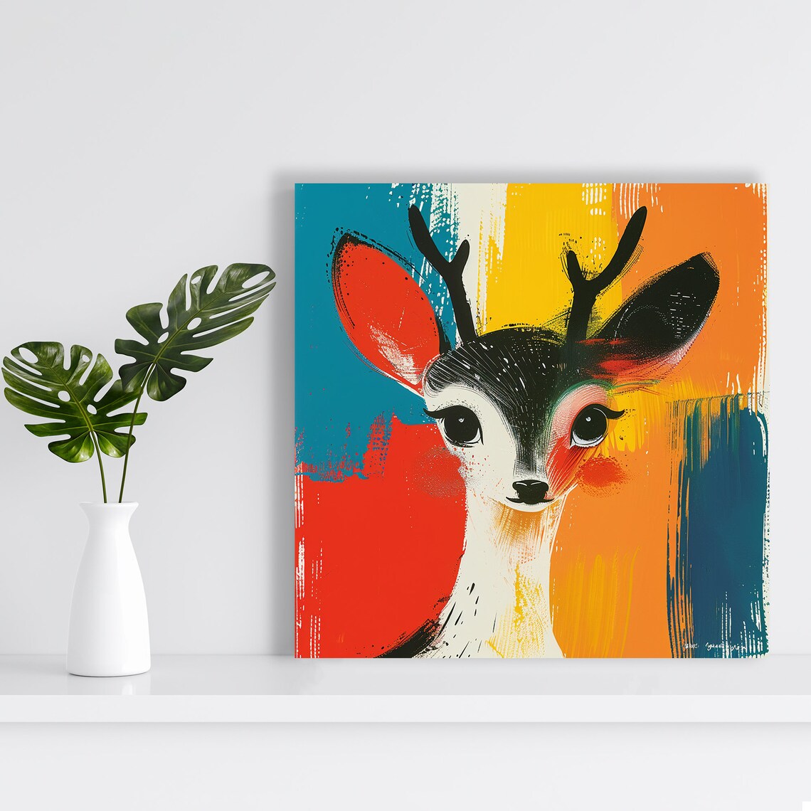 Baby Deer Big Eyes Pop Art Teal Red Yellow Cute Nursery Animal Poster - Image 2