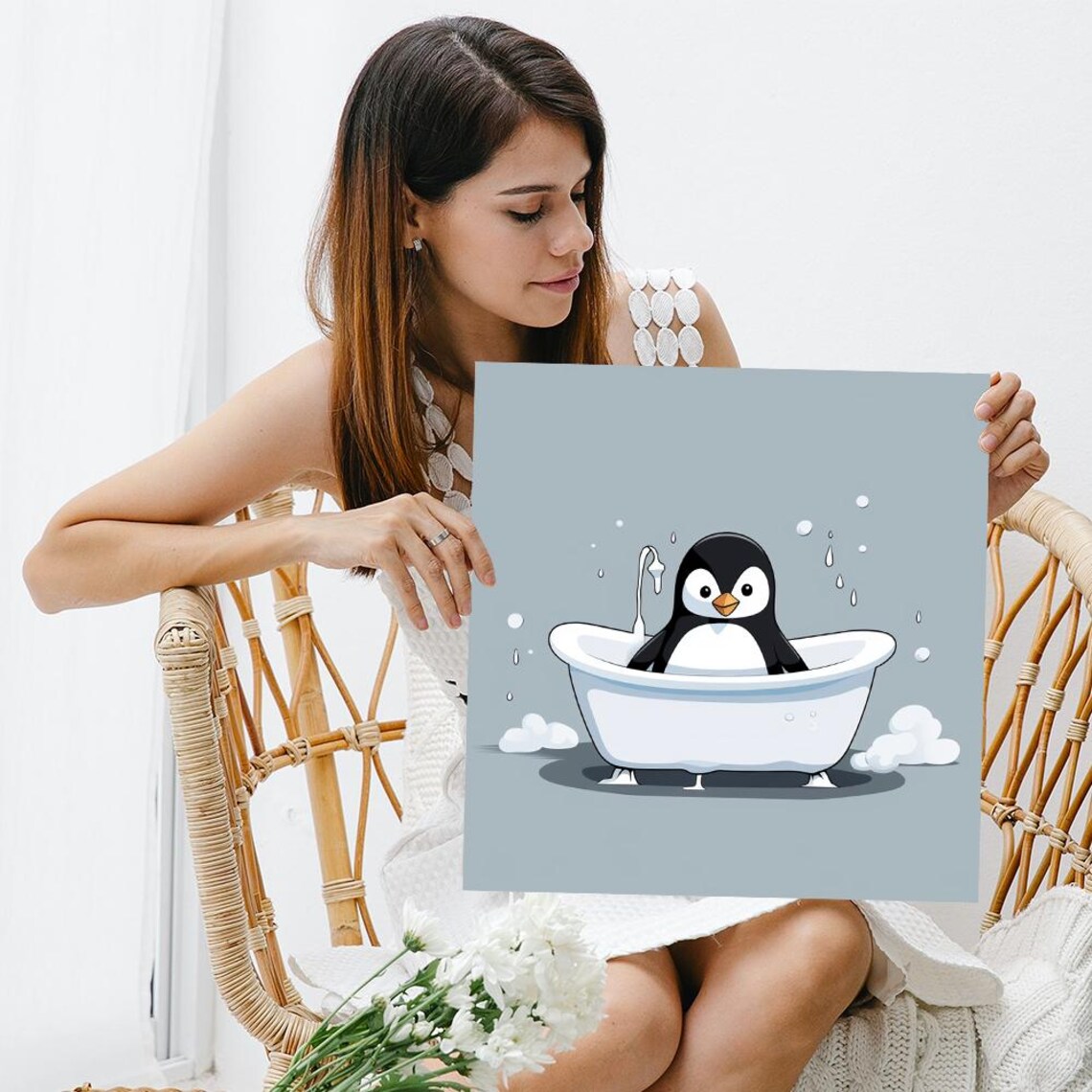 Cute Penguin in Bathtub Cartoon Nursery Bathroom Funny Animal Poster - Image 3