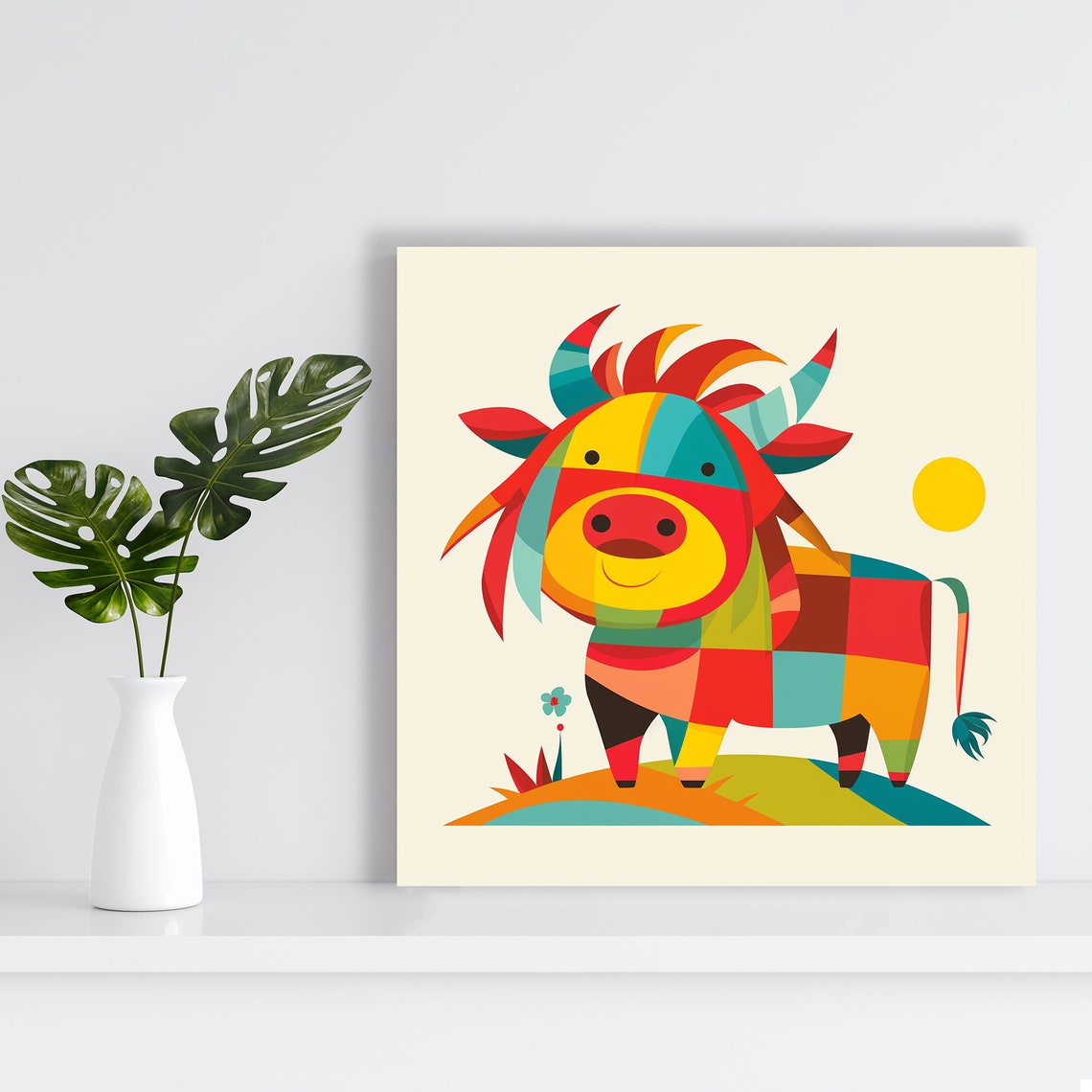 Colorful Patchwork Cow Geometric Whimsical Farm Animal Wall Poster - Image 2