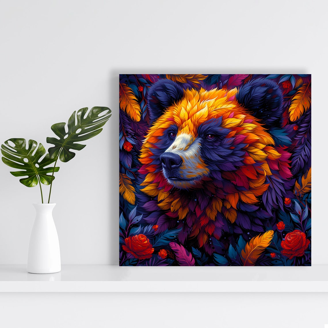 Bear Mosaic Colorful Feathers Floral Vibrant Bohemian Wall Art - Image 2