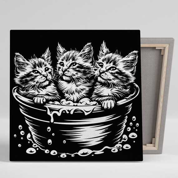 Trio Of Kittens Bath Time Black White Ink Bucket Cute Nursery Wall Poster