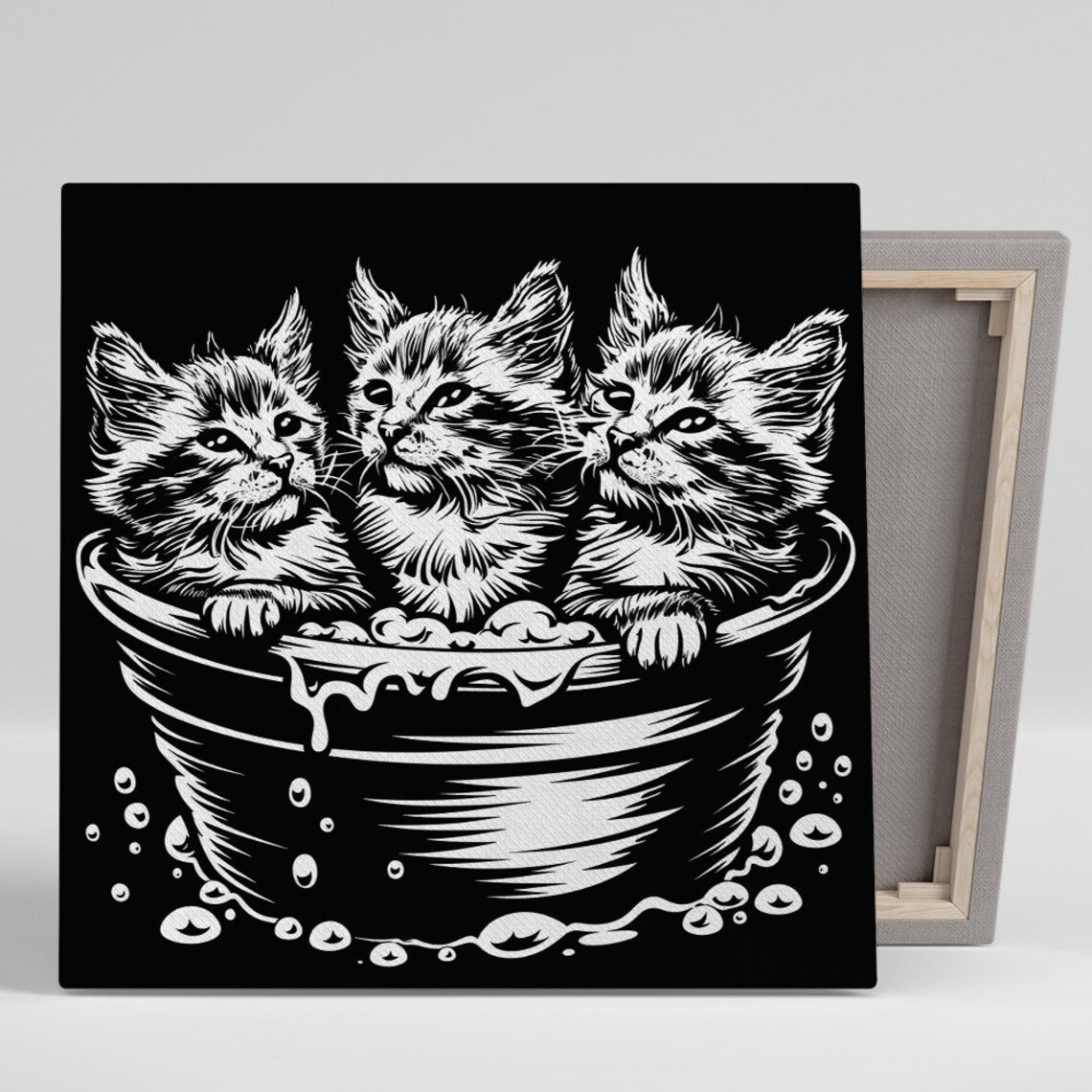 Trio Of Kittens Bath Time Black White Ink Bucket Cute Nursery Wall Poster