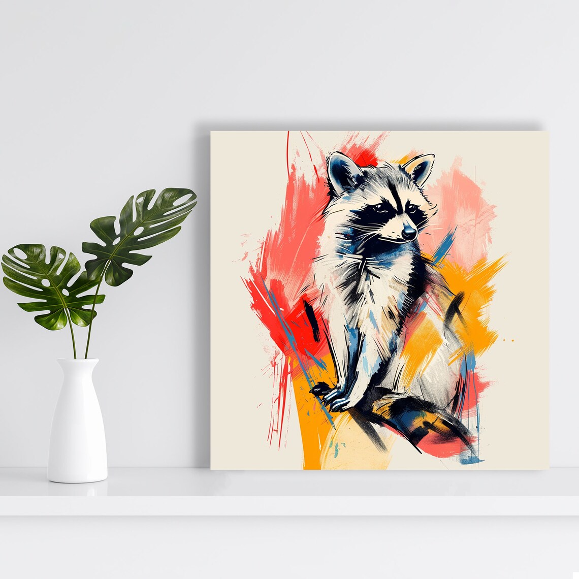 Raccoon Ink Sketch Red Orange Yellow Splash Contemporary Animal Poster - Image 2