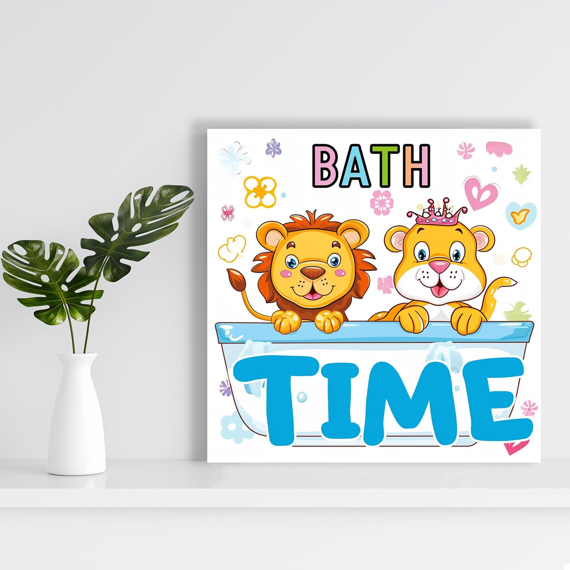Bath Time Lion Tiger Cubs Cartoon Kids Bathroom Fun Animal Art Poster - Image 2