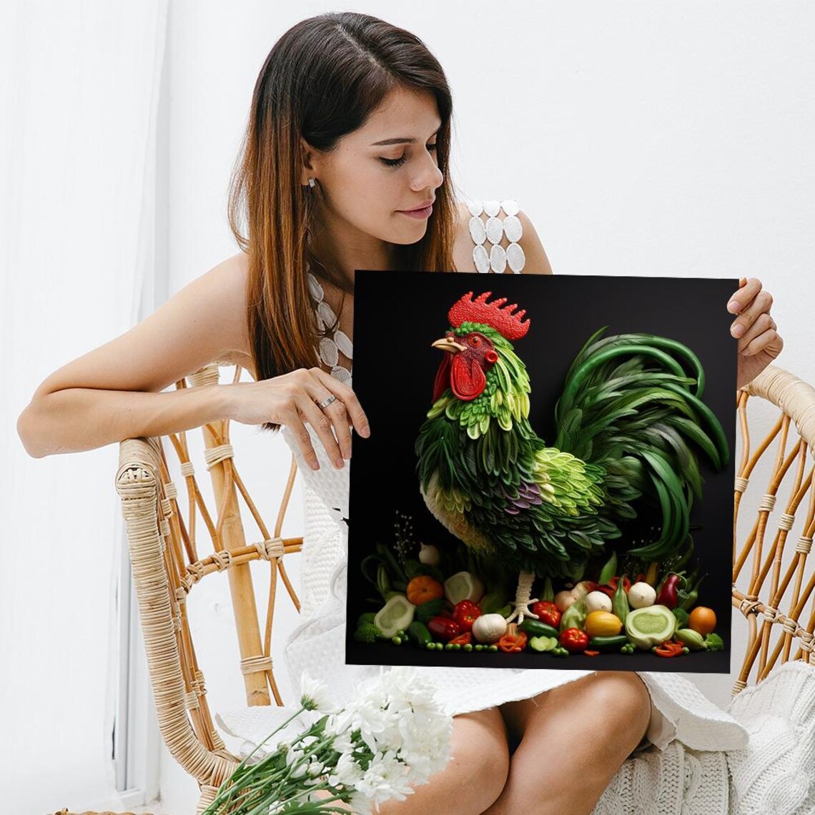 Rooster Made Of Vegetables Surreal Food Art Portrait On Black Poster - Image 3