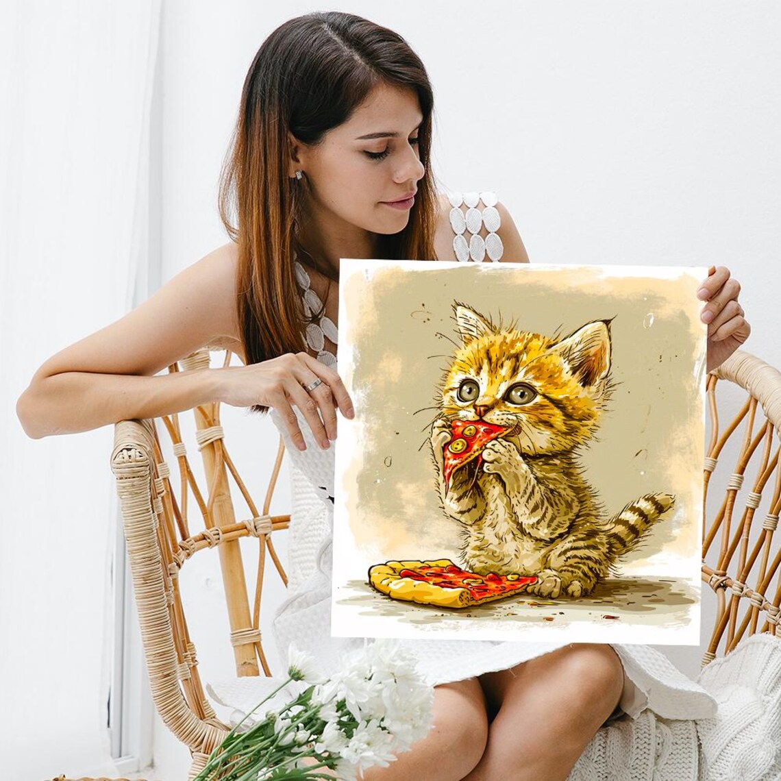 Pizza-Loving Kitten Art Print, Whimsical Decor - Image 3