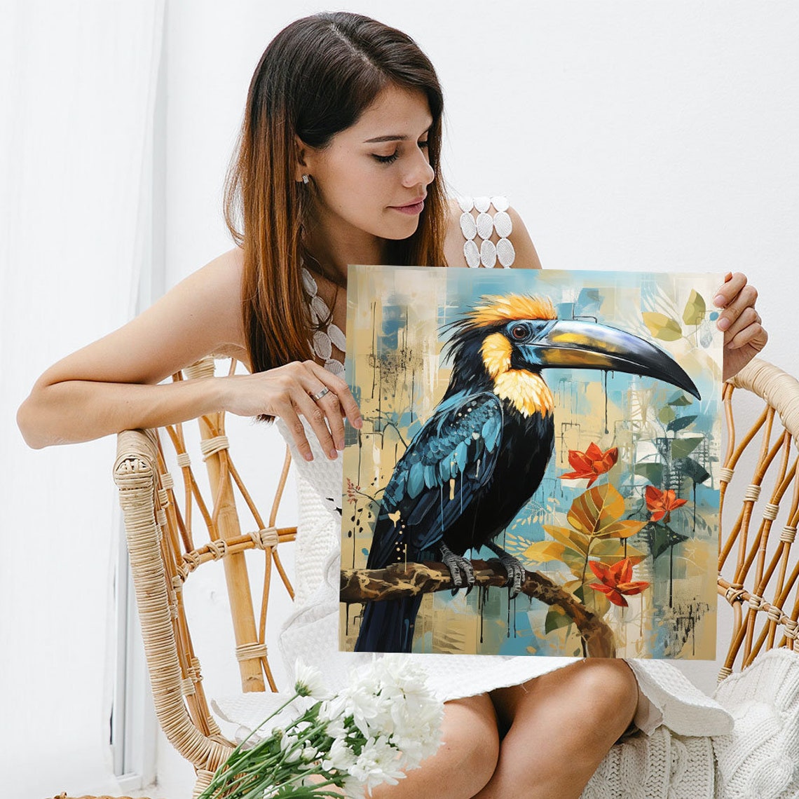 Colorful Hornbill Perched On Branch Red Flowers Tropical Bird Poster - Image 5